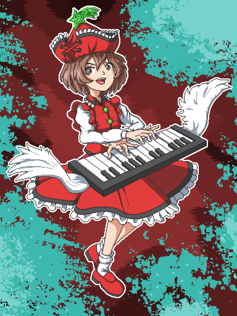 1girl aksawshin brown_eyes brown_hair hat instrument keyboard_(instrument) long_sleeves lyrica_prismriver mary_janes music perfect_cherry_blossom pixel_art playing_instrument red_footwear red_headwear red_skirt red_vest shirt shoes short_hair skirt skirt_set smile socks solo touhou vest white_shirt