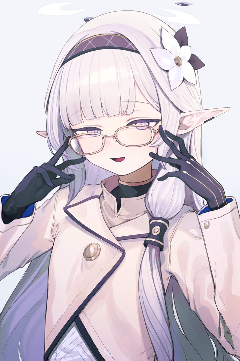 1girl adjusting_eyewear black_gloves black_hairband blue_archive flower glasses gloves hair_flower hair_ornament hair_tubes hairband halo himari_(blue_archive) jacket long_hair long_sleeves looking_at_viewer open_mouth pointy_ears signalviolet smile solo upper_body violet_eyes white_hair white_jacket