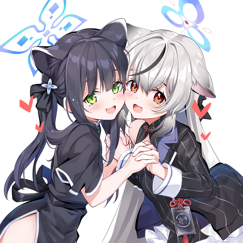 2girls animal_ear_fluff animal_ears black_dress black_hair black_jacket blue_archive blush brown_eyes cheek-to-cheek china_dress chinese_clothes commentary_request dress face-to-face green_eyes grey_hair halo heads_together heart holding_hands jacket kokona_(blue_archive) leaning_forward long_hair looking_at_viewer moeki_yuuta multicolored_hair multiple_girls open_mouth ribbon short_sleeves shun_(blue_archive) shun_(small)_(blue_archive) smile streaked_hair striped striped_dress striped_jacket tiger_ears tiger_girl twintails vertical-striped_dress vertical-striped_jacket vertical_stripes very_long_hair