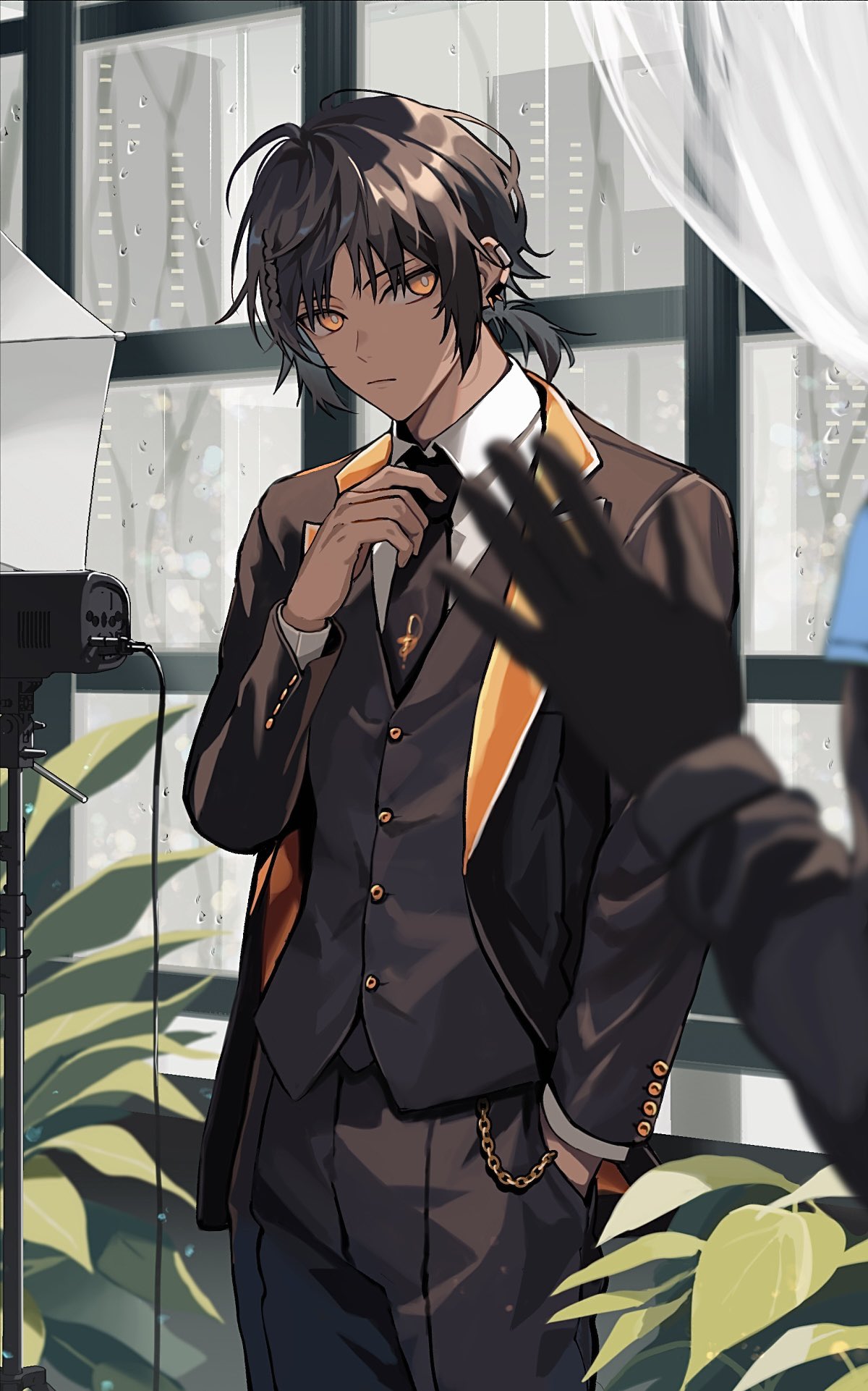 1boy 1other adjusting_clothes against_window alternate_costume arknights black_gloves black_hair black_necktie black_pants black_suit blurry blurry_foreground buttons camera cityscape collared_shirt commentary curtains dark-skinned_male dark_skin doctor_(arknights) earclip formal frown gloves highres hishoti_cheese looking_at_another necktie orange_eyes pants plant rain reflector_(photography) shirt short_hair short_ponytail solo_focus suit thorns_(arknights) vest water_drop white_shirt window
