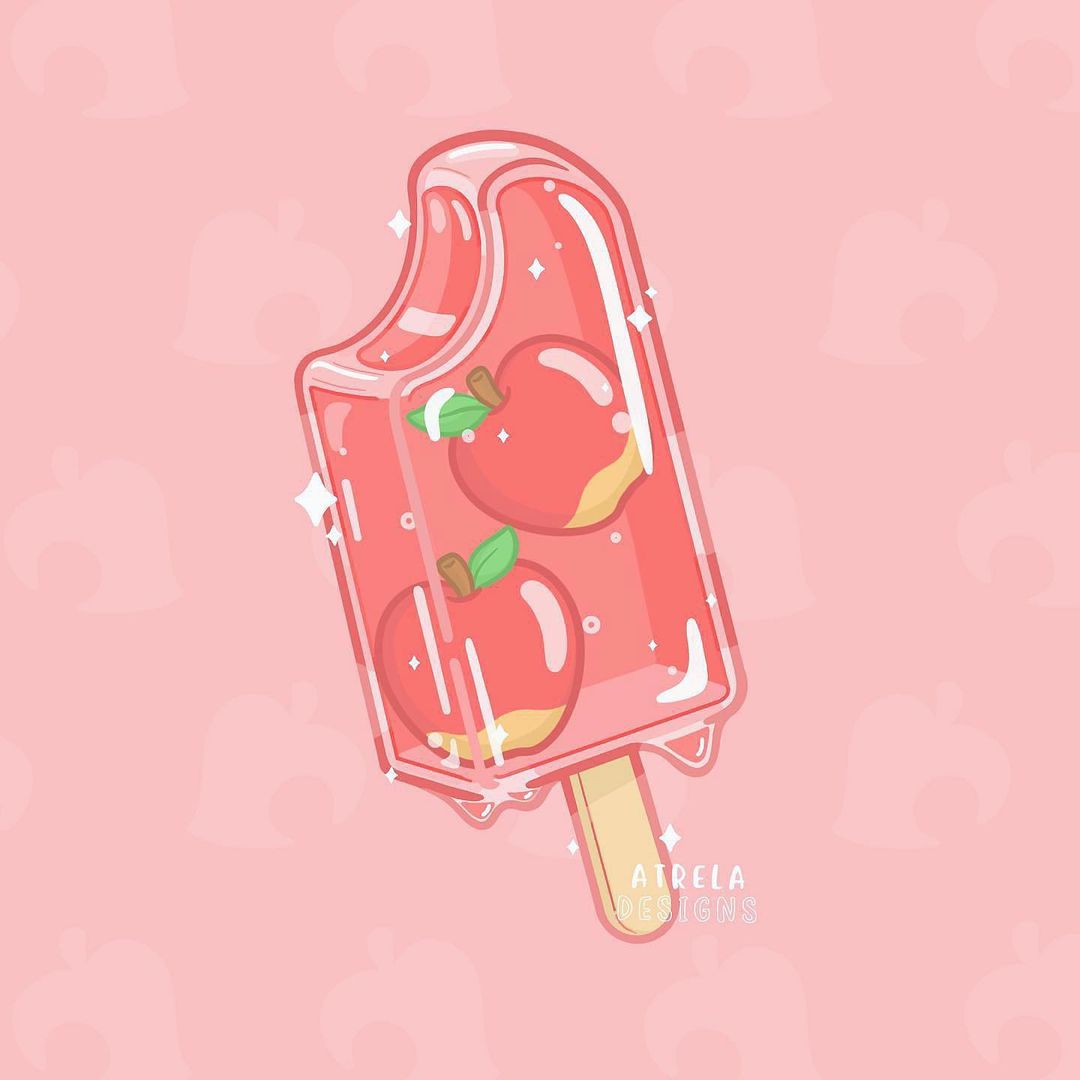animal_crossing apple artist_name bubble commentary dripping english_commentary food food_focus fruit jasmine_(atrela.designs) leaf leaf_background no_humans patterned_background popsicle popsicle_stick red_background sparkle still_life watermark