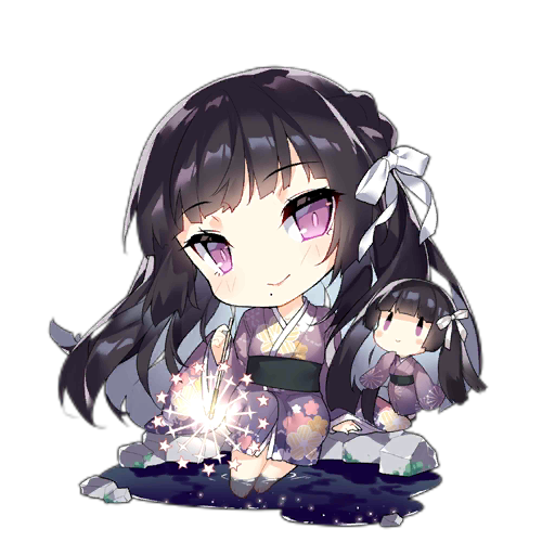 2girls artist_request barefoot black_hair black_sash blunt_bangs blush blush_stickers chibi closed_mouth fairy_(girls'_frontline) fireworks fireworks_fairy_(girls'_frontline) floral_print full_body girls_frontline hair_ribbon holding_fireworks japanese_clothes kimono long_hair long_sleeves looking_at_viewer mole mole_under_mouth multiple_girls obi official_art pond print_kimono purple_kimono ribbon rock sash simple_background sitting sleeves_past_wrists smile soaking_feet sparkler star_(symbol) third-party_source transparent_background very_long_hair violet_eyes water white_ribbon wide_sleeves |_|
