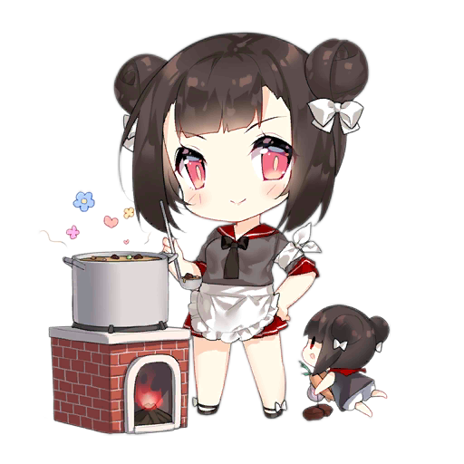 2girls apron armband artist_request black_footwear black_necktie blush blush_stickers brick brick_oven brown_dress carrot chibi closed_mouth cooking_fairy_(girls'_frontline) cooking_pot double_bun dress fairy_(girls'_frontline) fire firewood floating flower food footwear_ribbon full_body girls_frontline grey_shirt hair_bun hair_ribbon hand_on_own_hip heart holding holding_ladle ladle looking_at_viewer multiple_girls necktie no_socks official_art oven pleated_skirt red_sailor_collar red_skirt ribbon sailor_collar shirt short_hair short_sleeves simple_background skirt slit_pupils smile soup soup_ladle standing third-party_source transparent_background waist_apron white_armband white_ribbon |_|