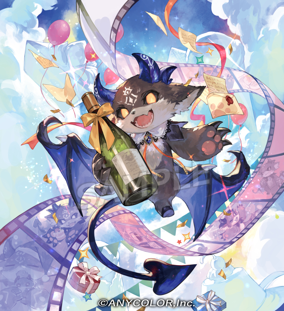 balloon black_sclera blue_horns bottle box claws clouds colored_sclera copyright debidebi_debiru demon_tail demon_wings film_reel frilled_shirt_collar frills furry gift gift_box holding holding_bottle hooves horns letter nijisanji official_art open_mouth pawpads sample_watermark sharp_teeth sparkle tail tapioka_chaso teeth virtual_youtuber wax_seal wine_bottle wings yellow_eyes