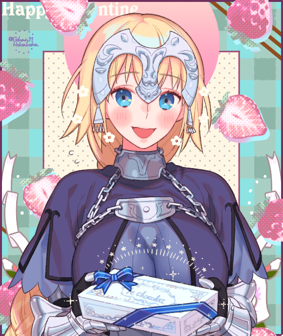 1girl armor armored_dress blonde_hair blue_eyes blue_ribbon blush box braid braided_ponytail breasts chain collar couter dress english_text fate/grand_order fate_(series) food french_text fruit gauntlets gift gift_box gift_wrapping happy_valentine headpiece holding holding_gift incoming_gift jeanne_d'arc_(fate) jeanne_d'arc_(ruler)_(fate) large_breasts long_hair looking_at_viewer metal_collar open_mouth plaid plaid_background polka_dot polka_dot_background purple_dress ribbon sara_(kurome1127) short_sleeves single_braid smile solo strawberry striped striped_ribbon twitter_username upper_body valentine