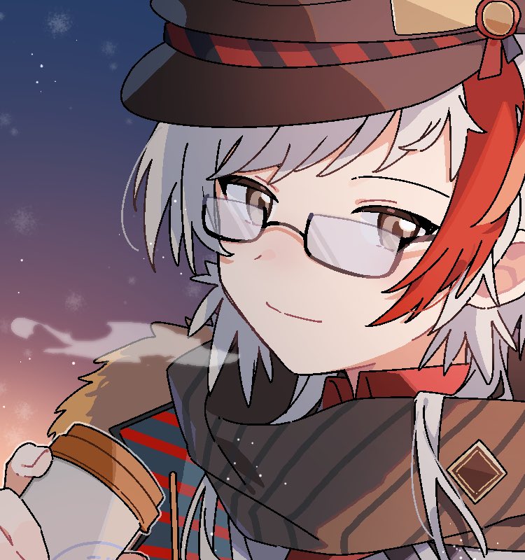 1boy arknights bespectacled brown_headwear brown_scarf coat coffee_cup commentary cup disposable_cup elysium_(arknights) elysium_(snowy_echo)_(arknights) fur-trimmed_coat fur_trim glasses gradient_sky grey_eyes hat holding holding_cup looking_at_viewer maguro_kan male_focus multicolored_hair outline pixelated redhead scarf semi-rimless_eyewear short_hair sidelocks sky smile solo streaked_hair striped striped_scarf sunset upper_body visible_air white_hair