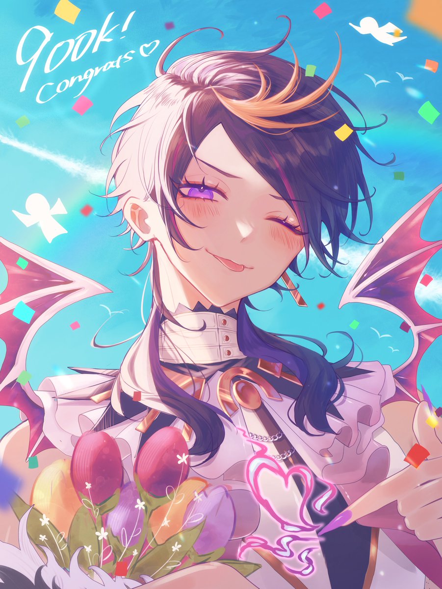 1boy ;p black_hair blonde_hair blue_sky blush bouquet chain closed_mouth commentary confetti contrail day demon_wings detached_collar earrings eyelashes eyeshadow fingernails fire flower frills green_nails hair_over_shoulder hand_up heart highres holding holding_bouquet jewelry long_fingernails long_hair looking_at_viewer makeup male_focus milestone_celebration mochigome_(yum) multicolored_hair nail_polish nijisanji nijisanji_en one_eye_closed outdoors parted_bangs pink_hair purple_fire purple_flower purple_hair red_eyeshadow red_flower sharp_fingernails shikigami shirt shu_yamino shu_yamino_(1st_costume) sidelocks single_earring sky sleeveless sleeveless_shirt smile solo streaked_hair swept_bangs tongue tongue_out tulip turtleneck upper_body violet_eyes virtual_youtuber wings yaminion_(shu_yamino) yellow_flower