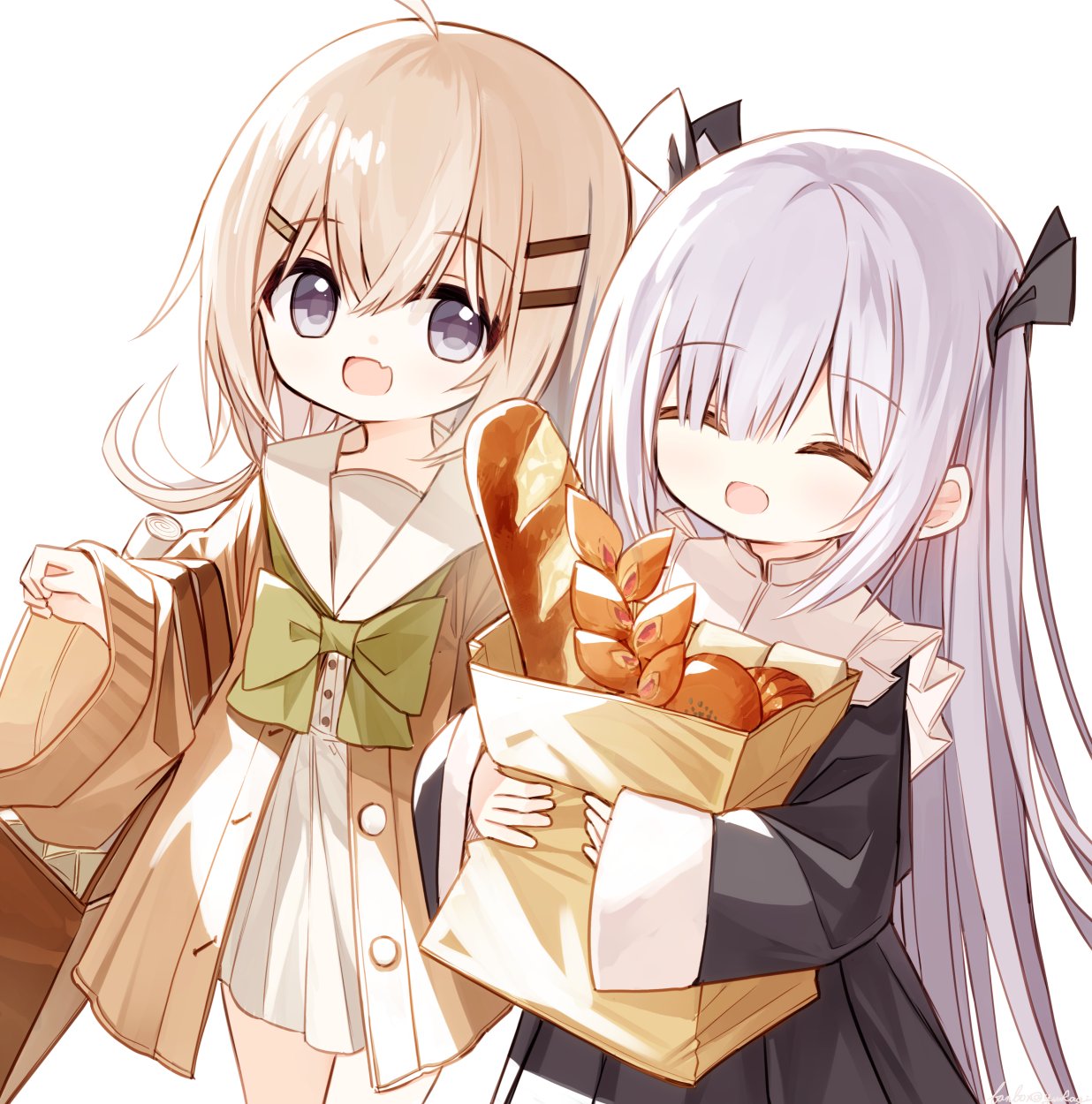 2girls :d ^_^ ahoge bag baguette black_dress black_ribbon bow bread brown_hair brown_jacket ciela_(yuuhagi_(amaretto-no-natsu)) closed_eyes commentary_request dress fang food green_bow grey_hair hair_between_eyes hair_ornament hair_ribbon hairclip highres hugging_object jacket long_hair long_sleeves multiple_girls original paper_bag pleated_dress red_girl_(yuuhagi_(amaretto-no-natsu)) ribbon simple_background sleeves_past_wrists smile two_side_up very_long_hair violet_eyes white_background white_dress wide_sleeves yuuhagi_(amaretto-no-natsu)