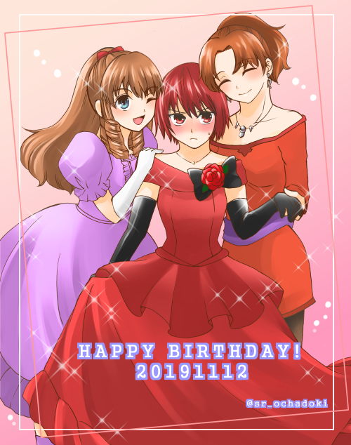 3girls anrietta_rochefort arc_the_lad arc_the_lad_iii black_gloves blue_eyes blush breasts brown_eyes brown_hair cheryl_(arc_the_lad) closed_mouth curly_hair dated dress elbow_gloves gloves jewelry long_hair looking_at_viewer marsia_(arc_the_lad) multiple_girls necklace one_eye_closed open_mouth ponytail red_dress redhead short_hair skirt smile yahiro_(sr_ochadoki)