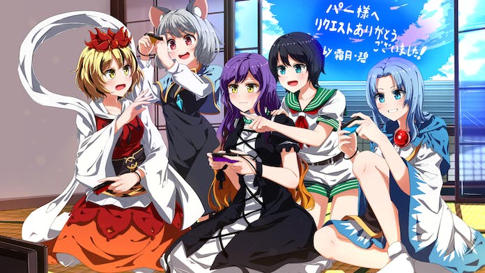 5girls animal_ears animal_print black_dress black_hair blonde_hair blue_capelet blue_eyes blue_hair blue_sky capelet clouds commentary_request commission cross-laced_clothes dress gradient_hair grey_dress grey_hair hair_ornament hijiri_byakuren indoors kumoi_ichirin long_hair mouse_ears mouse_girl multicolored_hair multiple_girls murasa_minamitsu nazrin nintendo_switch open_mouth playing_games pointing purple_hair red_eyes sazanami_mio_(style) shawl shimotsuki_aoi shirt short_hair short_sleeves shorts shrine sitting skeb_commission sky streaked_hair television tiger_print toramaru_shou touhou translation_request undefined_fantastic_object white_dress white_shirt white_shorts yellow_eyes