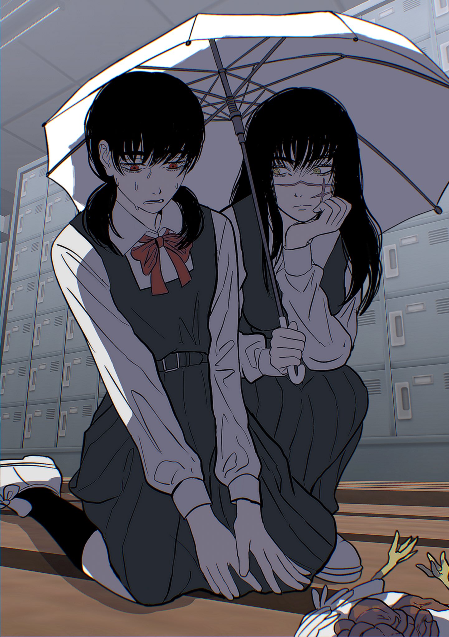 2girls belt black_hair black_ribbon brown_eyes bucky_(chainsaw_man) cdtxufre chainsaw_man closed_mouth collared_shirt cross_scar crying crying_with_eyes_open disembowelment dress dual_persona english_commentary fourth_east_high_school_uniform gradient_background hallway highres holding holding_umbrella implied_murder kneeling locker long_hair looking_at_viewer low_twintails mitaka_asa multiple_girls neck_ribbon pinafore_dress ribbon ringed_eyes sad scar scar_on_cheek scar_on_face school_uniform shaded_face shirt sleeveless sleeveless_dress sweatdrop tears twintails umbrella white_shirt white_umbrella yellow_eyes yoru_(chainsaw_man)