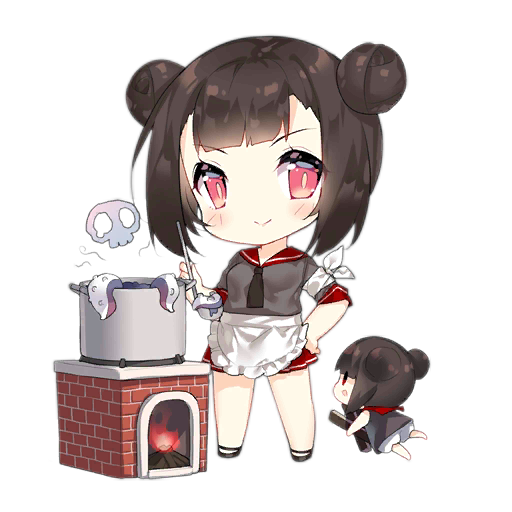 2girls apron armband artist_request bad_food black_footwear black_necktie blush blush_stickers brick brick_oven brown_dress chibi closed_mouth cooking_fairy_(girls'_frontline) cooking_pot double_bun dress fairy_(girls'_frontline) fire firewood floating food full_body girls_frontline grey_shirt hair_bun hand_on_own_hip holding holding_ladle ladle looking_at_viewer multiple_girls necktie no_socks official_art oven pleated_skirt red_eyes red_sailor_collar red_skirt sailor_collar shirt short_hair short_sleeves simple_background skirt skull_cloud slit_pupils smile soup_ladle standing tentacles third-party_source transparent_background waist_apron white_armband |_|