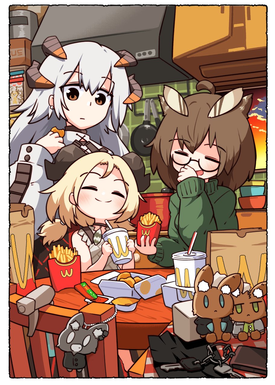 3girls ahoge arknights blonde_hair blush border bottle bowl bowl_stack box brand_name_imitation brown_eyes brown_hair cardboard_box chair character_doll chibi chicken_nuggets closed_eyes clouds commentary condiment_packet cooking_pot counter cup demon_girl demon_horns disposable_cup disposable_cup_holder dress drink drinking_straw fast_food feather_hair food french_fries frying_pan glass green_sweater grey_dress grey_hair hair_between_eyes highres holding holding_drink holding_food horns ifrit_(arknights) indoors kado_(hametunoasioto) ketchup long_hair looking_at_another looking_down looking_up mcdonald's multiple_girls owl_girl parted_bangs saria_(arknights) sauce short_twintails silence_(arknights) sitting smile spray_bottle sunset sweater table twintails upper_body wallet wcdonald's wind yoru_mac
