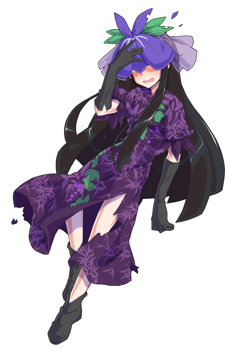 alphes_(style) black_footwear black_gloves black_hair boots breasts china_dress chinese_clothes dairi defeat dress flower flower_on_head food_print fruit_print full_body gloves grape_print long_hair medium_breasts parody purple_dress purple_flower short_sleeves sidelocks solo style_parody tachi-e tears torn_clothes torn_dress touhou transparent_background vine_print yomotsu_hisami