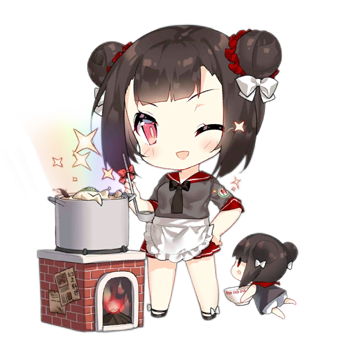 2girls apron artist_request black_footwear black_necktie blush blush_stickers bowl brick brick_oven brown_dress chibi chicken_(food) cooking_fairy_(girls'_frontline) cooking_pot double_bun dress fairy_(girls'_frontline) fire firewood floating food footwear_ribbon full_body girls_frontline grey_shirt hair_bun hair_ornament hair_ribbon hair_scrunchie hand_on_own_hip holding holding_bowl holding_ladle ladle looking_at_viewer multiple_girls necktie no_socks official_art one_eye_closed oven pleated_skirt poster_(object) rainbow red_ribbon red_sailor_collar red_scrunchie red_skirt ribbon sailor_collar scrunchie shirt short_hair short_sleeves simple_background skirt slit_pupils smile soup soup_ladle sparkle standing third-party_source transparent_background waist_apron white_ribbon |_|