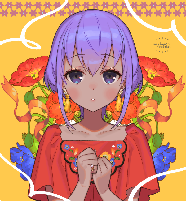 1girl alternate_costume blue_flower clenched_hands collarbone dark-skinned_female dark_skin earrings fate/grand_order fate_(series) floral_background flower flower_earrings flower_ring hair_between_eyes hands_up hassan_of_serenity_(fate) jewelry light_blush looking_at_viewer parted_lips purple_hair red_flower red_shirt ring sara_(kurome1127) shirt short_hair short_sleeves solo tassel tassel_earrings twitter_username upper_body violet_eyes white_flower yellow_background yellow_tassel