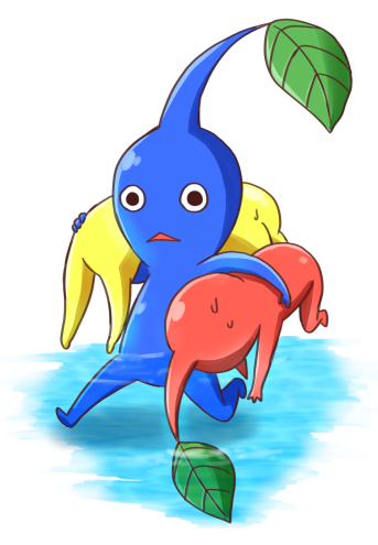 black_eyes blue_pikmin blue_skin colored_skin commentary_request holding leaf lowres no_humans partially_submerged pikmin_(creature) pikmin_(series) raihachi red_pikmin red_skin rescue shadow sweat triangle_mouth water white_background yellow_pikmin yellow_skin