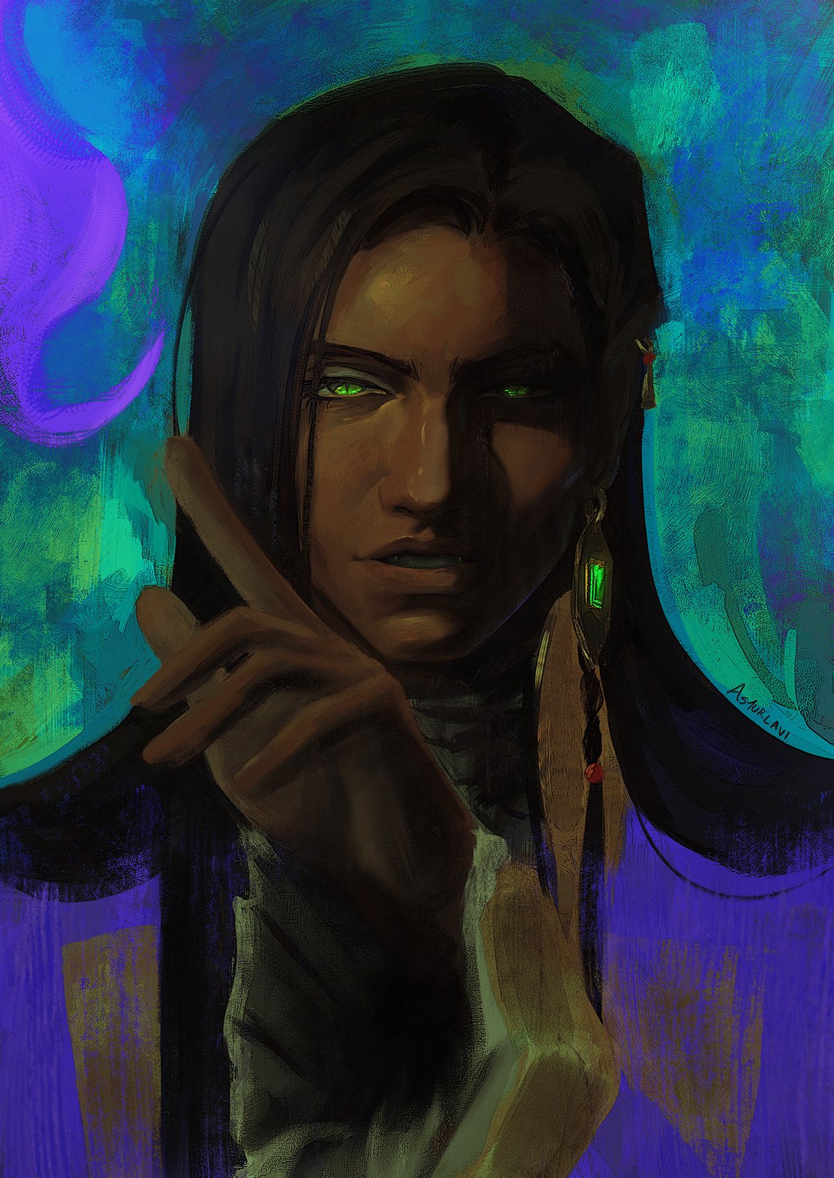 1boy abstract_background asturlavi brown_hair castlevania castlevania:_nocturne dark-skinned_male dark_skin earrings green_eyes hand_up high_collar highres index_finger_raised jewelry long_hair looking_at_viewer male_focus olrox painterly parted_lips pointy_ears single_earring slit_pupils solo straight-on thick_lips upper_body