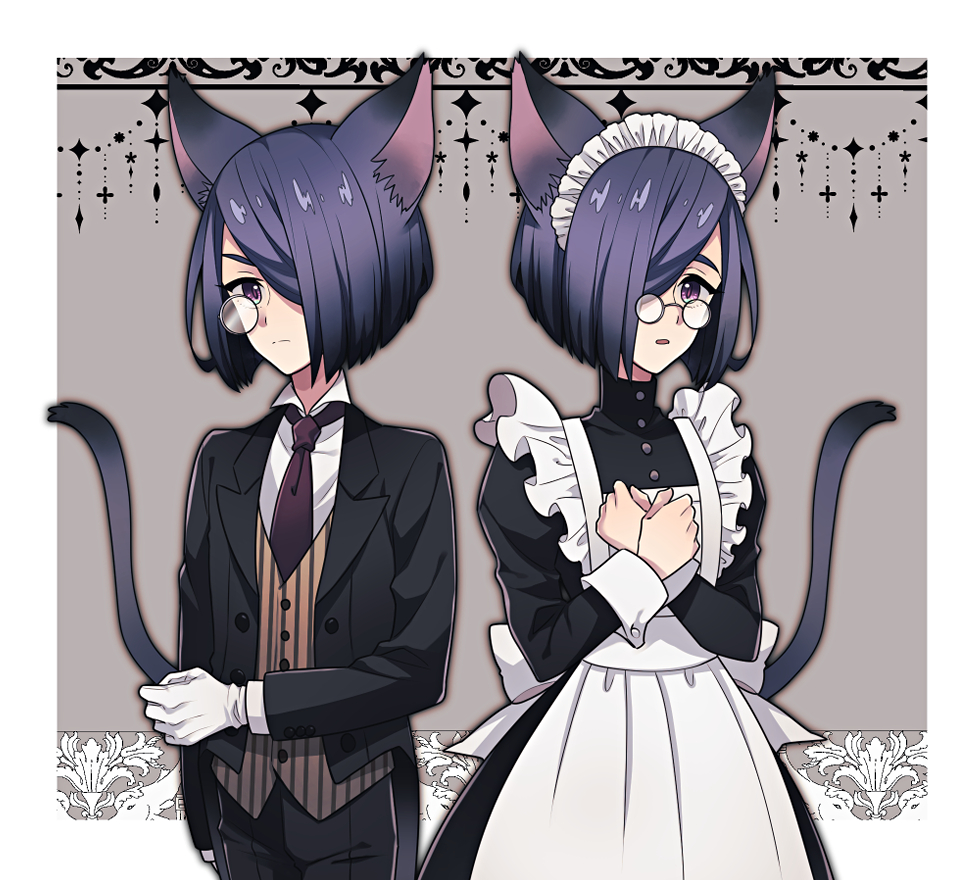 1girl animal_ears apron back_bow bow butler cat_ears cat_girl cat_tail collared_shirt crossed_wrists dual_persona female_butler frilled_apron frills gloves hair_over_one_eye kmy-3_(kumayu) long_sleeves maid maid_headdress monocle necktie original pince-nez purple_hair shirt short_hair striped striped_vest suit tail vest