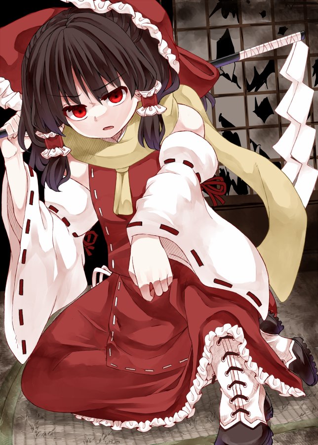 1girl annoyed brown_hair detached_sleeves dress gohei hakurei_reimu holding holding_gohei looking_at_viewer nontraditional_miko red_dress red_eyes solo touhou white_sleeves zetsumame