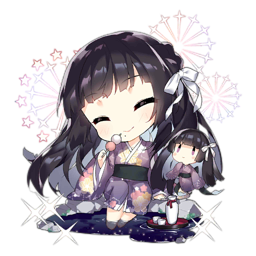 2girls aerial_fireworks artist_request barefoot black_hair black_sash blunt_bangs blush blush_stickers chibi choko_(cup) closed_eyes closed_mouth cup dango facing_viewer fairy_(girls'_frontline) fireworks fireworks_fairy_(girls'_frontline) floral_print food full_body girls_frontline hair_ribbon holding holding_food japanese_clothes kimono long_hair long_sleeves mole mole_under_mouth multiple_girls obi official_art pond print_kimono purple_kimono ribbon rock sanshoku_dango sash simple_background sitting sleeves_past_wrists smile soaking_feet sparkle third-party_source tokkuri transparent_background tray very_long_hair violet_eyes wagashi water white_ribbon wide_sleeves |_|