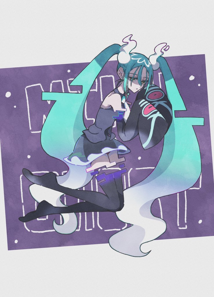 aqua_hair black_thighhighs detached_sleeves domidomi444 floating ghost ghost_miku_(project_voltage) glitch gradient_hair grey_shirt hair_between_eyes hatsune_miku long_hair multicolored_hair necktie pale_skin pokemon project_voltage see-through see-through_skirt shirt skirt thigh-highs twintails very_long_hair vocaloid will-o'-the-wisp_(mythology) yellow_eyes