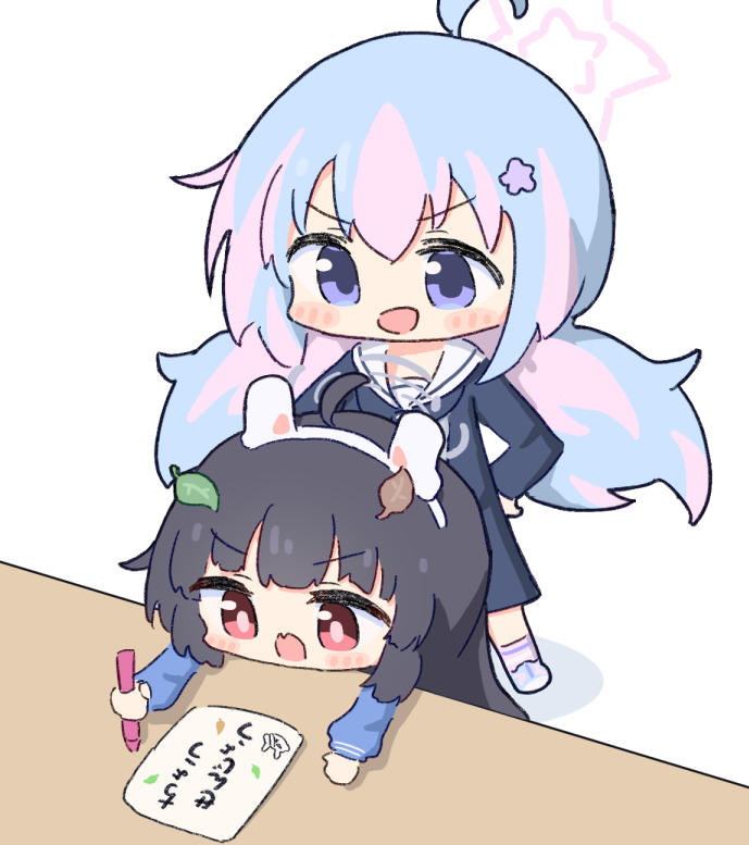 2girls ahoge animal_ears behind_another black_hair blue_archive blue_hair blue_halo blue_shirt blush_stickers chibi commentary fang halo holding leaf leaf_on_head long_hair long_sleeves miyu_(blue_archive) multicolored_hair multiple_girls no_nose open_mouth pink_hair pink_halo pink_pupils rabbit_ears red_eyes reisa_(blue_archive) sailor_collar shirt skin_fang socks standing two-tone_hair umihio v-shaped_eyebrows very_long_hair white_sailor_collar