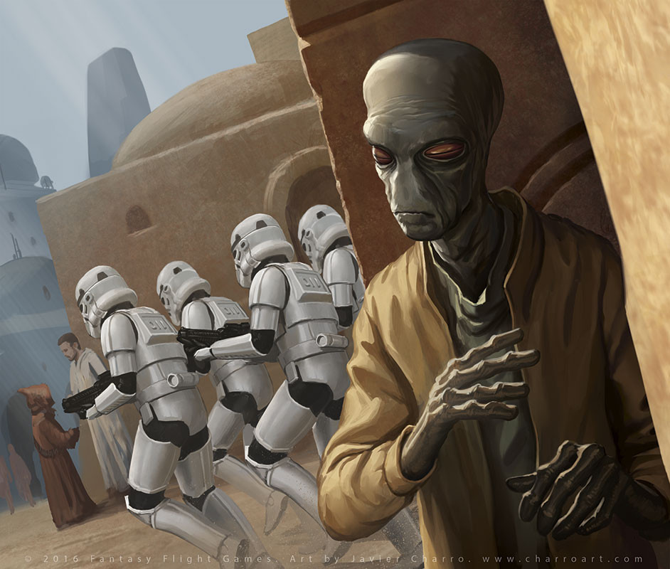 6+boys alien armor artist_name brown_hair brown_robe building day duros english_text gun holding holding_gun holding_weapon javier_charro jawa looking_at_another looking_to_the_side multiple_boys outdoors red_eyes robe short_hair star_wars stormtrooper tatooine town watermark weapon web_address