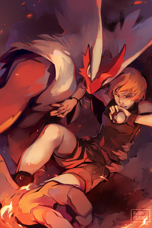 abstract_background blaziken blonde_hair dynamic_pose embers fire hand_on_another's_chest holding holding_poke_ball medium_hair poke_ball poke_ball_(basic) pokemon pokemon_(creature) red_eyes ruby_feather shorts signature smoke