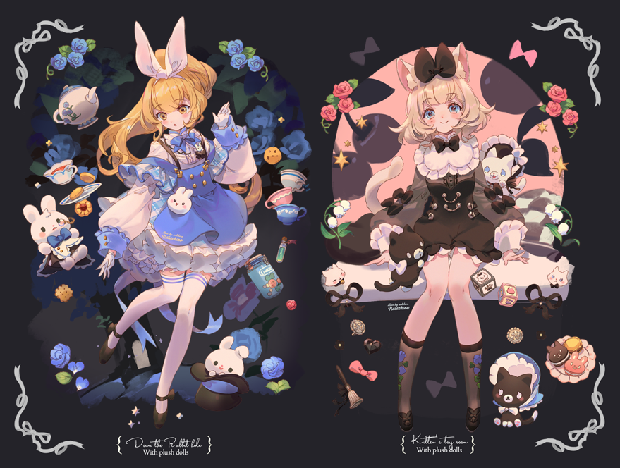 2girls :o animal_ears animal_on_arm apron bell black_background black_bow black_bowtie black_cape black_cat black_dress black_footwear black_headwear black_ribbon blonde_hair blue_apron blue_bow blue_bowtie blue_dress blue_eyes blue_headwear blush_stickers bonnet bottle bow bowtie buttons cape cat cat_ears cat_tail center_frills cherry chocolate_chip_cookie closed_mouth collar collared_dress commentary cookie cup dress english_commentary english_text eyelashes fake_animal_ears fashion floral_print flower food footwear_bow frilled_cape frilled_collar frilled_dress frilled_headwear frilled_sleeves frills fruit full_body gloves grey_sleeves grey_socks hair_bow hairband hand_up hat hat_bow high_collar high_ponytail kneehighs lace-trimmed_dress lace_trim layered_dress layered_sleeves leaf lily_of_the_valley long_hair long_sleeves looking_at_viewer monocle multiple_girls open_mouth original petticoat pillow plaid plaid_dress plate puffy_long_sleeves puffy_sleeves rabbit rabbit_brooch rabbit_ears red_bow red_flower red_rose ribbon rose shoes short_dress short_hair short_over_long_sleeves short_sleeves sitting sleeve_bow smile socks solid_circle_eyes sparkle star_(symbol) suspenders tail teacup teapot thigh-highs top_hat toy_block vial welchino white_bow white_bowtie white_collar white_dress white_eyes white_flower white_gloves white_hairband white_thighhighs white_wrist_cuffs yellow_eyes