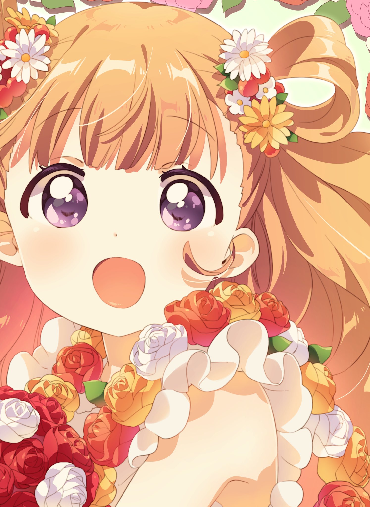 1girl blush bouquet brown_hair flower flower_necklace frilled_shirt frills hair_flower hair_ornament highres holding holding_bouquet lei long_hair namori open_mouth original red_flower red_rose rose shirt sleeveless smile twintails violet_eyes white_flower white_rose yellow_flower yellow_rose