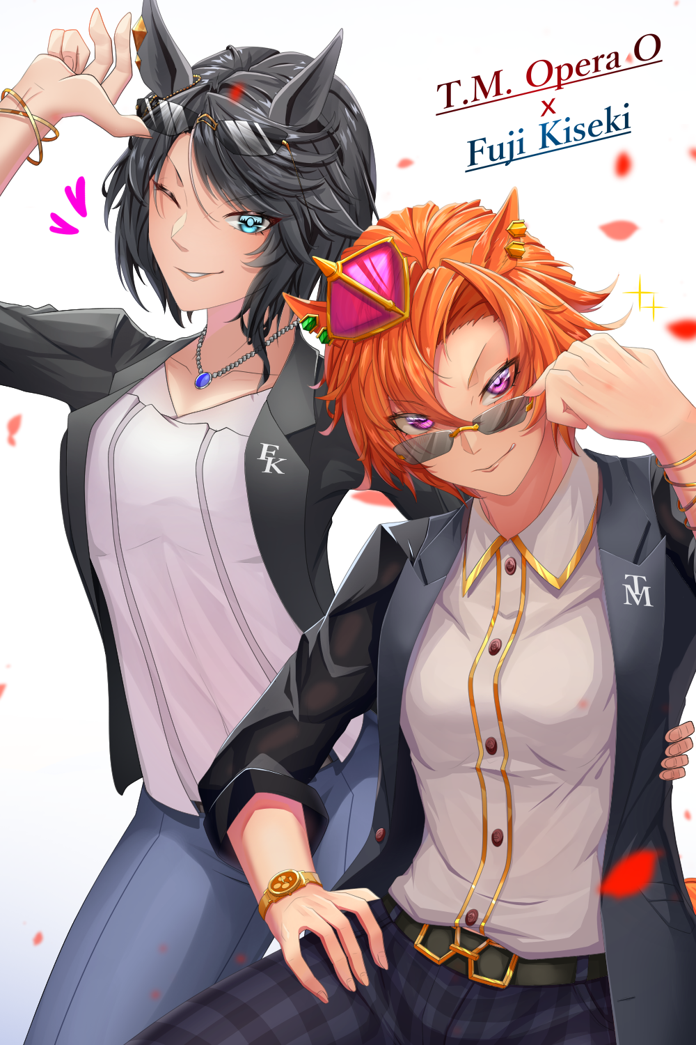 2girls adjusting_eyewear amekudaki arm_around_back arm_up belt black_hair black_shirt blue_pants buttons character_name closed_mouth collarbone collared_shirt cowboy_shot crown ear_ornament eyewear_on_head fingernails fuji_kiseki_(umamusume) green_eyes hand_on_another's_waist hand_on_eyewear hand_on_own_hip hand_up head_tilt heart highres jewelry long_sleeves looking_at_viewer looking_over_eyewear multiple_girls one_eye_closed open_clothes open_shirt orange_hair pants parted_bangs parted_lips pendant petals plaid plaid_pants semi-rimless_eyewear shirt shirt_under_shirt short_hair smile sunglasses swept_bangs t.m._opera_o_(umamusume) tomboy umamusume violet_eyes white_shirt wing_collar