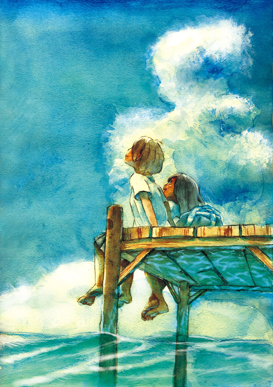 androgynous barefoot blue_eyes child feet highres jetty looking_up multiple_girls natsuki_(sunmanday) ocean pixiv_festa reverse_trap sitting sky smile traditional_media water watercolor_(medium)