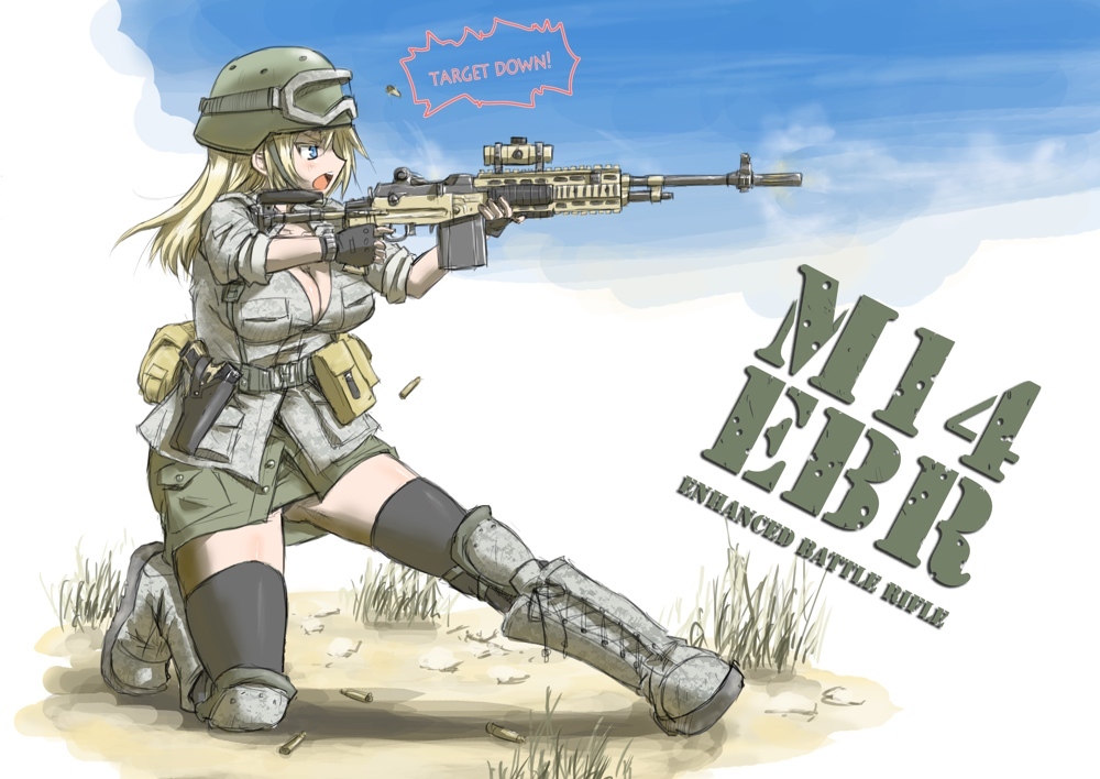 1girl battle_rifle boots breasts casing_ejection cleavage goggles goggles_on_head gun handgun helmet holster m14 military military_uniform mk_14_mod_0_ebr ogitsune_(ankakecya-han) rifle shell_casing sleeves_rolled_up thigh-highs thighhighs uniform weapon zettai_ryouiki