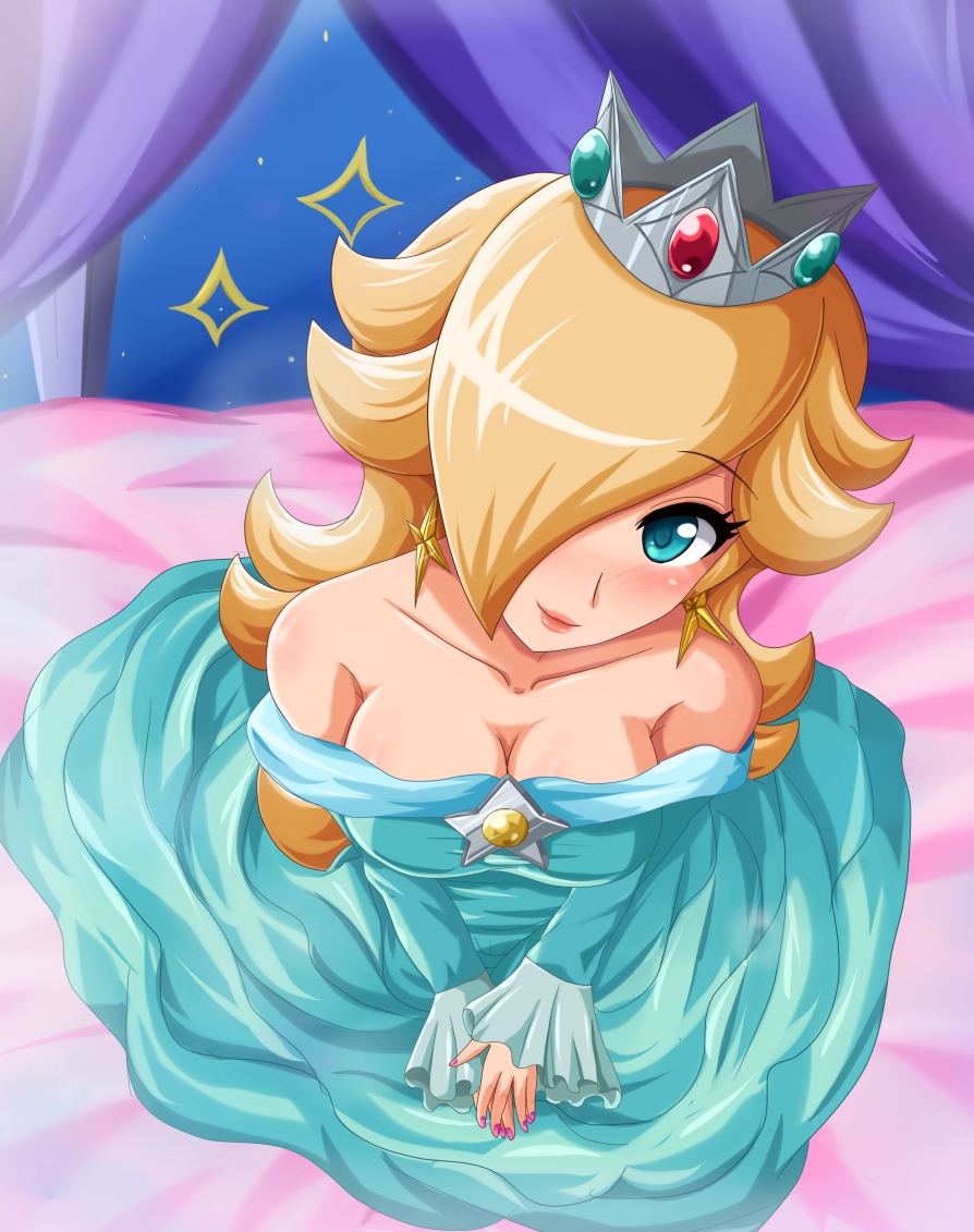 bed blonde_hair blush breasts cleavage crown dress earrings hair_over_one_eye jewelry nintendo rosalina sigurdhosenfeld smile star super_mario_bros.