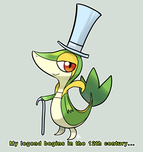 artist_request cane clothed_pokemon english excalibur_(soul_eater) hat look-alike no_humans parody pokemon pokemon_(creature) pokemon_(game) pokemon_black_and_white pokemon_bw red_eyes smile smug snivy soul_eater top_hat
