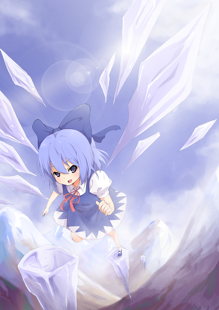 bad_id blue_eyes blue_hair bow cirno hair_bow ice lens_flare mountain open_mouth perspective shomon short_hair smile solo standing_on_one_leg touhou wings