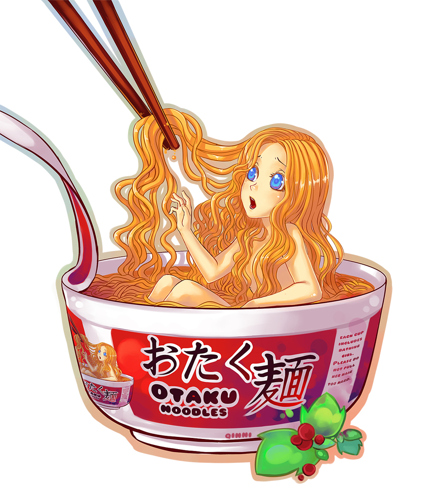 blue_eyes bowl censored chopsticks convenient_censoring cup cup_ramen food hair_as_food hair_over_breasts hair_pull in_bowl in_container in_cup in_food lid long_hair minigirl noodles nude open_mouth original otaku personification qinni ramen recursion solo very_long_hair