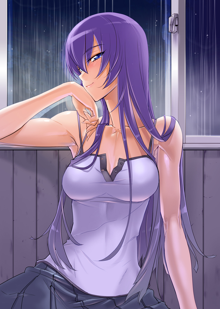 blue_eyes breasts busujima_saeko casual highschool_of_the_dead inazuma long_hair purple_hair rain satou_shouji skirt smile solo tank_top unbuttoned