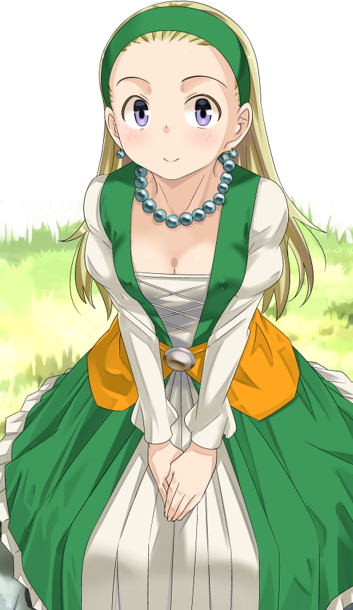 1girl blonde_hair breasts closed_mouth commentary_request dragon_quest dragon_quest_xi earrings full_body imaichi jewelry long_hair looking_at_viewer necklace senya_(dq11) smile solo violet_eyes