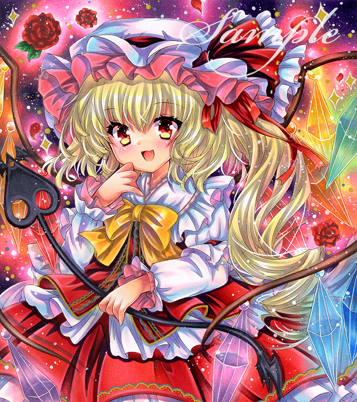 1girl :d blonde_hair bow bowtie cowboy_shot crystal embellished_costume flandre_scarlet flower frilled_shirt frills hand_up hat hat_ribbon holding holding_weapon laevatein_(touhou) long_hair long_sleeves looking_at_viewer marker_(medium) mob_cap one_side_up open_mouth red_eyes red_flower red_ribbon red_rose red_skirt red_vest ribbon rose rui_(sugar3) sample_watermark shirt skirt skirt_set smile solo sparkle standing touhou traditional_media vest watermark weapon white_headwear white_shirt wings yellow_bow yellow_bowtie