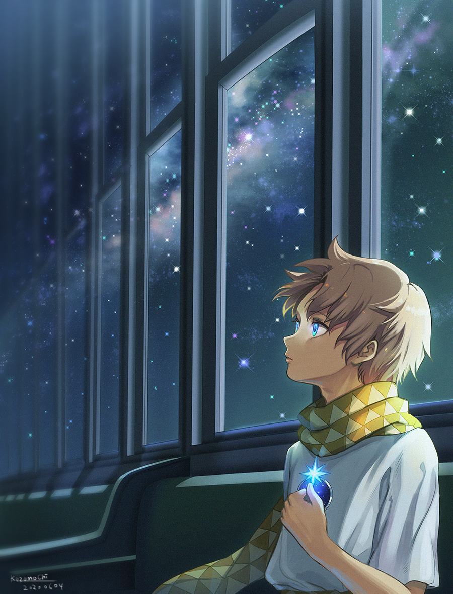 1boy blue_eyes brown_hair closed_mouth dated fate/requiem fate_(series) from_side hand_up kuzumochi_(kuzumochiya) male_focus night night_sky scarf shirt short_sleeves signature sitting sky solo star_(sky) starry_sky voyager_(fate) white_shirt yellow_scarf