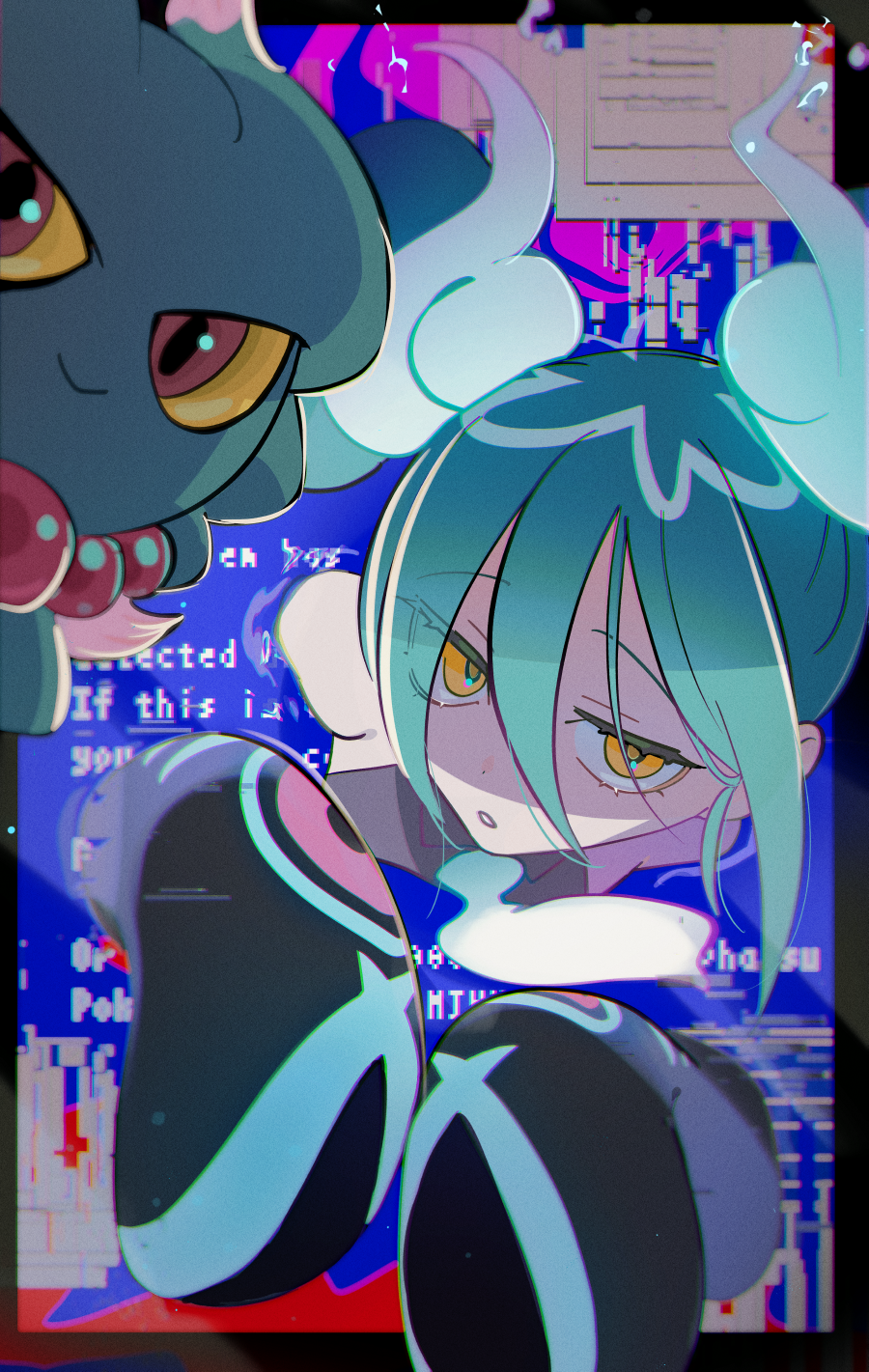 aqua_hair ghost ghost_miku_(project_voltage) glitch grey_shirt hair_between_eyes hassan_(sink916) hatsune_miku highres looking_at_viewer misdreavus monitor necktie pale_skin pokemon pokemon_(creature) project_voltage shirt sleeves_past_fingers sleeves_past_wrists smile through_screen vocaloid will-o'-the-wisp_(mythology) yellow_eyes
