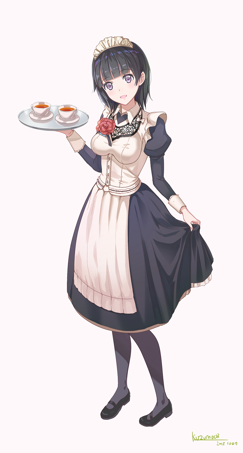 1girl :d akiba's_trip apron black_dress black_footwear black_hair blunt_bangs breasts collared_dress commentary_request cup dated dress full_body grey_pantyhose highres holding holding_tray juliet_sleeves kuzumochi_(kuzumochiya) long_sleeves looking_at_viewer maid maid_headdress medium_breasts pantyhose pink_background puffy_sleeves sara_(akiba's_trip) saucer shoes signature simple_background smile solo standing tea teacup tray violet_eyes white_apron