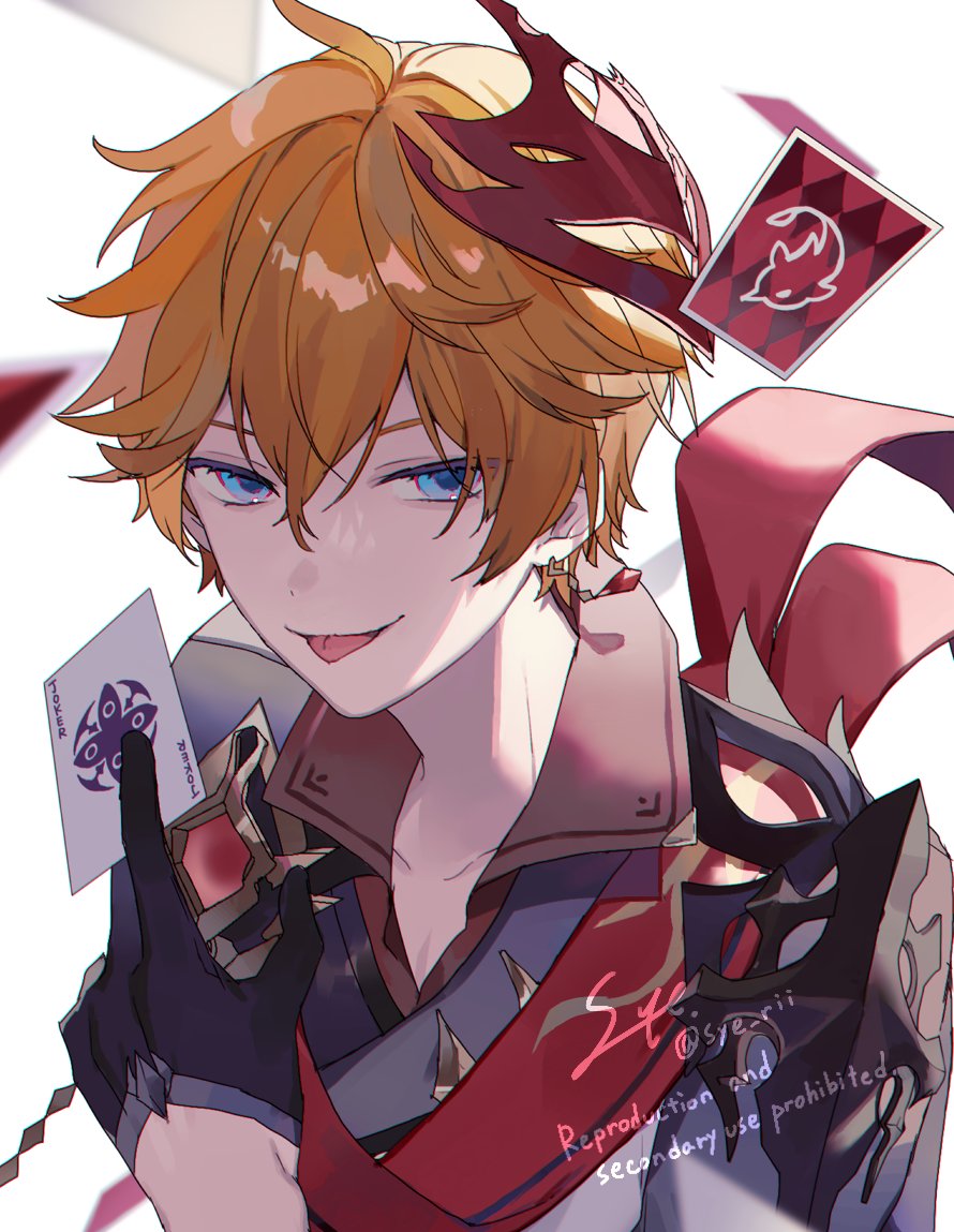1boy ahoge armor artist_name between_fingers black_gloves blue_eyes brown_shirt card collarbone collared_shirt crystal_earrings earrings gem genshin_impact gloves grey_jacket hair_between_eyes hand_up holding holding_card jacket jewelry long_sleeves looking_at_viewer male_focus mask mask_on_head orange_hair playing_card red_gemstone red_mask red_scarf scarf shirt short_hair shoulder_armor simple_background single_earring smile smug solo standing syerii tartaglia_(genshin_impact) tongue tongue_out upper_body watermark white_background