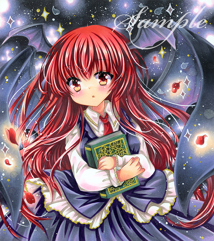 1girl :o bat_wings black_skirt black_vest black_wings book breasts collared_shirt cowboy_shot embellished_costume head_wings holding holding_book koakuma long_hair long_sleeves looking_at_viewer marker_(medium) necktie parted_lips red_eyes red_necktie redhead rui_(sugar3) sample_watermark shirt skirt skirt_set small_breasts solo sparkle standing touhou traditional_media very_long_hair vest watermark white_shirt wings
