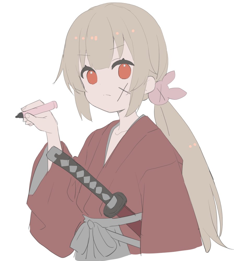 &gt;_&lt; 1girl brown_hair closed_mouth collarbone cropped_torso grey_hakama hair_ornament hakama hand_up holding japanese_clothes katana kimono long_sleeves looking_at_viewer low_ponytail meito_(maze) natori_sana orange_eyes ponytail rabbit_hair_ornament red_kimono sana_channel sheath sheathed simple_background solo sword upper_body virtual_youtuber weapon white_background wide_sleeves