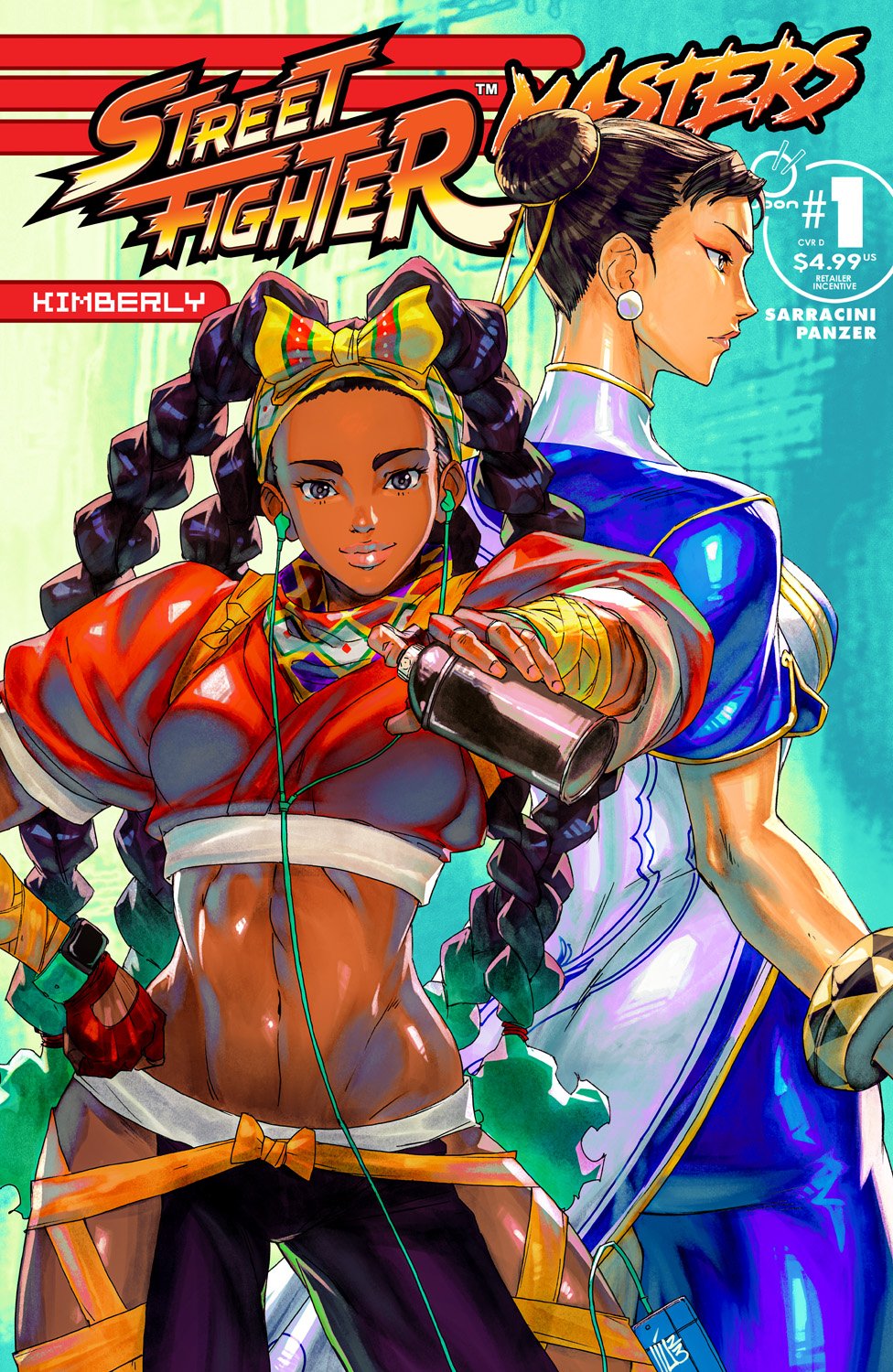 2girls arm_wrap ass back-to-back blue_leggings bow_hairband bracelet breasts china_dress chinese_clothes chun-li colored_tips commentary cover cover_page cropped_jacket dark_skin david_liu double_bun dress earphones earphones earrings english_commentary fingerless_gloves gloves hair_bun hairband height_difference highres hip_vent jacket jewelry kimberly_jackson large_breasts leggings long_hair looking_at_viewer lowleg lowleg_pants mature_female midriff multicolored_hair multiple_girls navel official_art pants quad_braids red_jacket small_breasts smartwatch solo_focus spray_can street_fighter street_fighter_6 thick_thighs thighs toned udon_entertainment very_dark_skin watch watch white_dress yellow_hairband