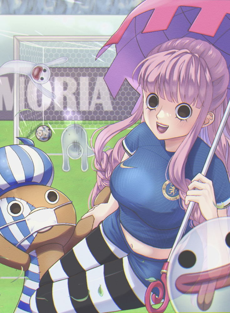 1girl alternate_costume ball black_eyes black_thighhighs blue_shirt blue_shorts braid breasts character_name dress ghost goal grass holding holding_stuffed_toy holding_umbrella hukukame kumacy large_breasts legs_together long_hair looking_at_viewer midriff navel one_piece open_mouth outdoors parasol perona pink_hair shirt short_sleeves shorts soccer soccer_ball soccer_field soccer_uniform sportswear striped striped_thighhighs stuffed_animal stuffed_toy thigh-highs tongue tongue_out umbrella very_long_hair