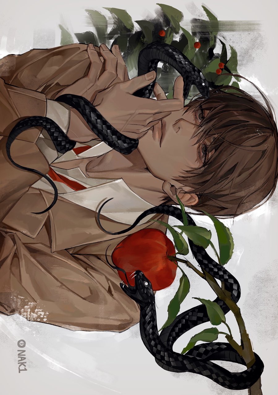 1boy apple branch brown_hair brown_jacket closed_mouth collared_jacket collared_shirt death_note expressionless eyelashes fingernails food fruit hair_between_eyes hand_on_own_chin hand_on_own_shoulder hand_up highres jacket leaf loose_necktie male_focus nak1_00 necktie open_clothes open_jacket red_necktie shirt short_hair simple_background snake solo white_background white_shirt yagami_light